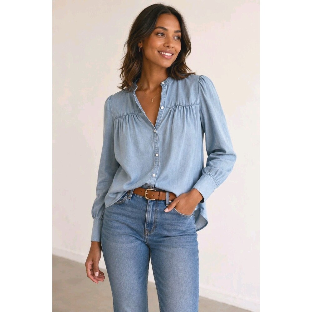 Joie Chambray Cotton Silk Button Front Shirt Puff Sleeve Blue Size XS